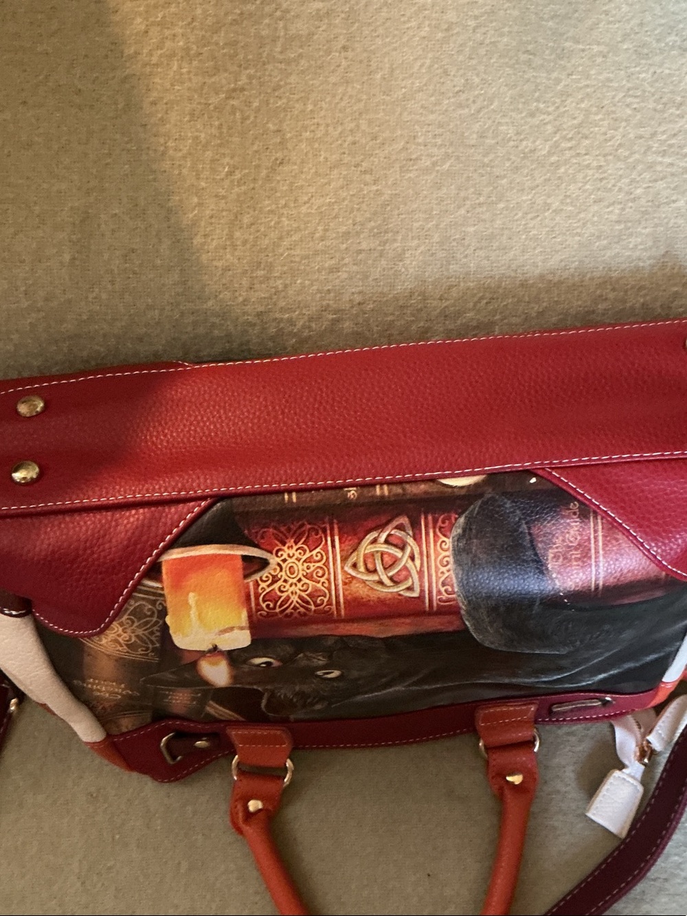 The Bradford Exchange Black Cat Satchel in Burgundy, Orange and Cream - Picture 8 of 9